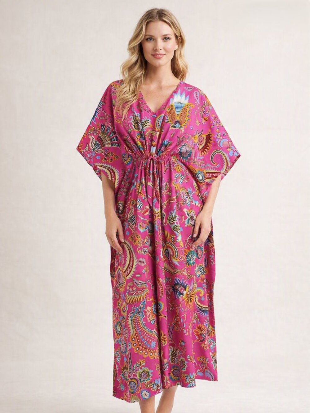 Indian cotton boho mukat print hot pink maxi caftan dress, one size fits most